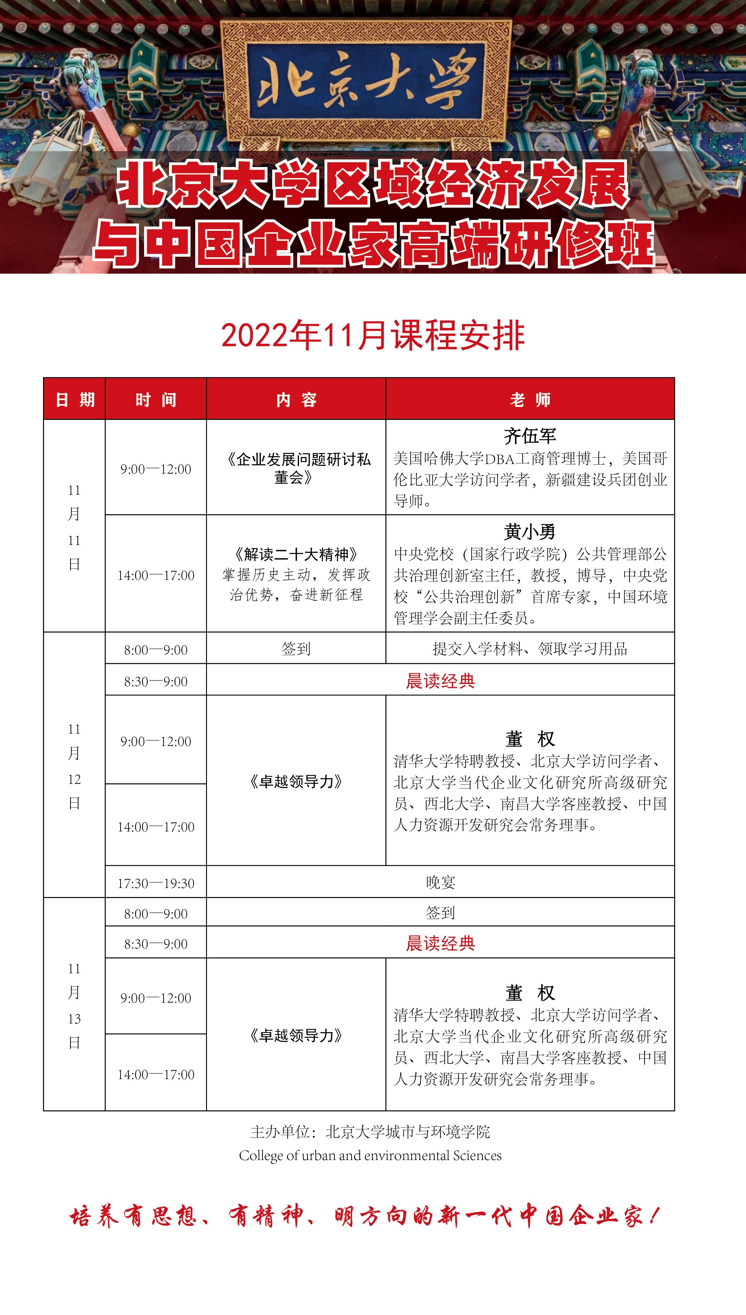 北京大学区域经济发展与中国企业家高端研修班11月开课通知